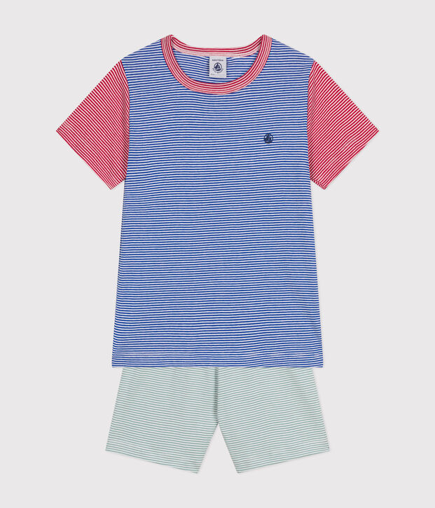 Pijama corto infantil de algod&oacute;n a rayas verde/multicolor