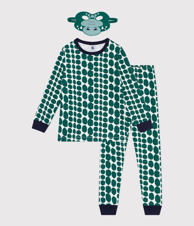 Pijama disfraz infantil de algod&oacute;n con estampado de cocodrilo verde/verde