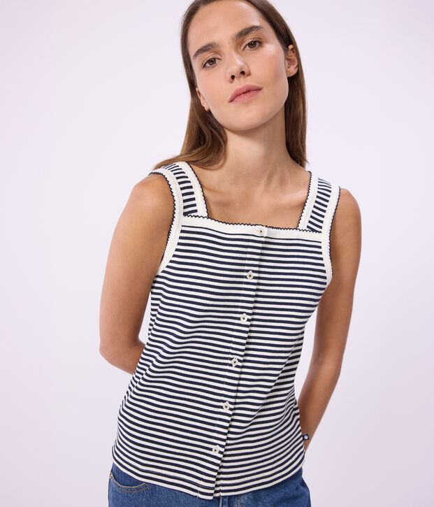 Camiseta de tirantes de algod&oacute;n a rayas para mujer azul/blanco