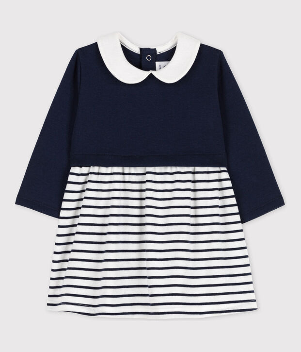 Vestido bimaterial de manga larga de beb&eacute; azul/blanco