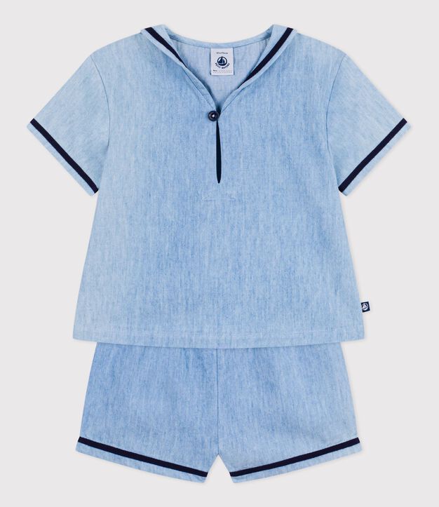 Conjunto de 2 piezas de chambray con camiseta con cuello de uniforme para beb&eacute; azul
