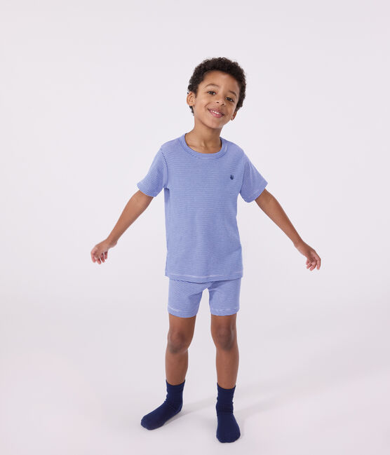 Pijama infantil corto de algodón a rayas azul PERSE/blanco MARSHMALLOW