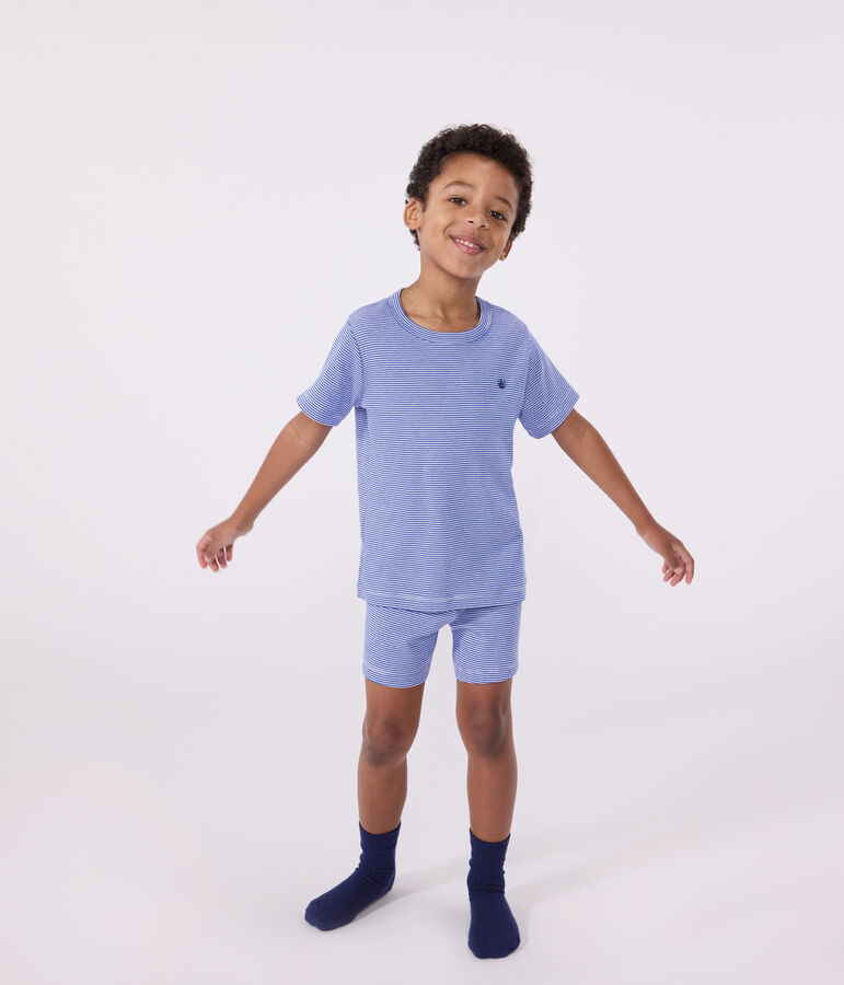 Pijama infantil corto de algod&oacute;n a rayas azul/blanco