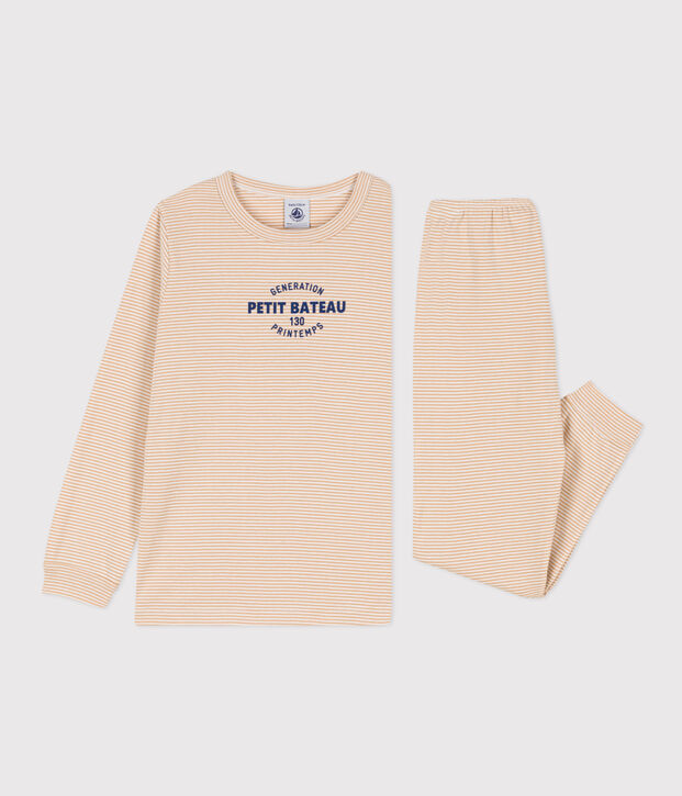 Pijama de algod&oacute;n a rayas para ni&ntilde;o/ni&ntilde;a beige/blanco