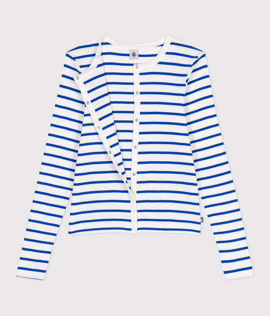 Cárdigan de algodón liso para mujer blanco MARSHMALLOW/azul PERSE