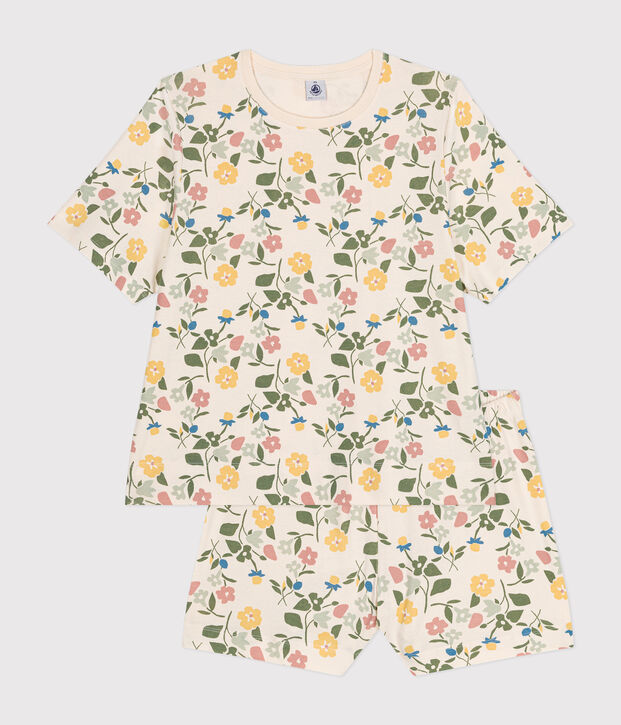 Pijama con pantal&oacute;n corto y camiseta de algod&oacute;n con motivo floral para mujer crudo/multicolor