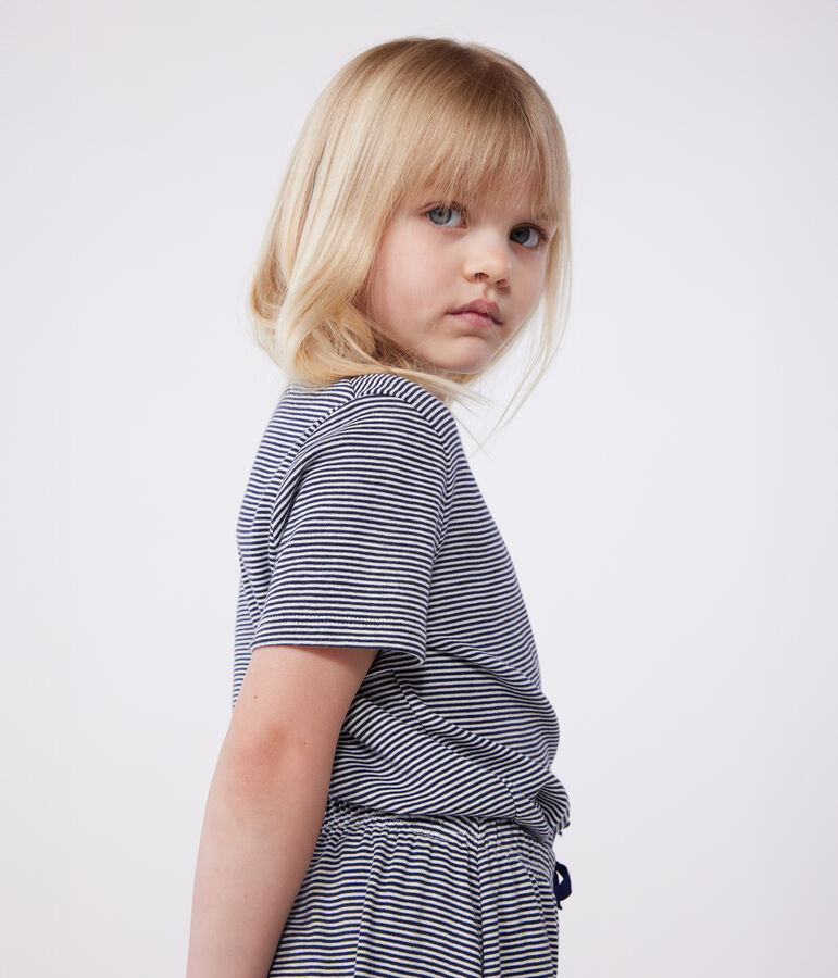 Pijama infantil de manga corta y pernera ancha de algod&oacute;n a rayas azul/blanco