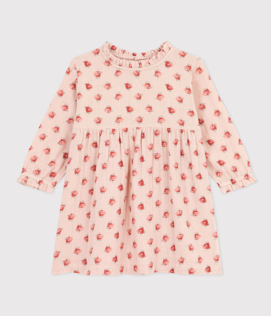 Vestido de gasa de algodón de manga larga para bebé rosa SALINE/blanco MULTICO