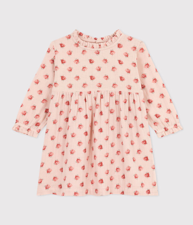Vestido de gasa de algod&oacute;n de manga larga para beb&eacute; rosa/multicolor