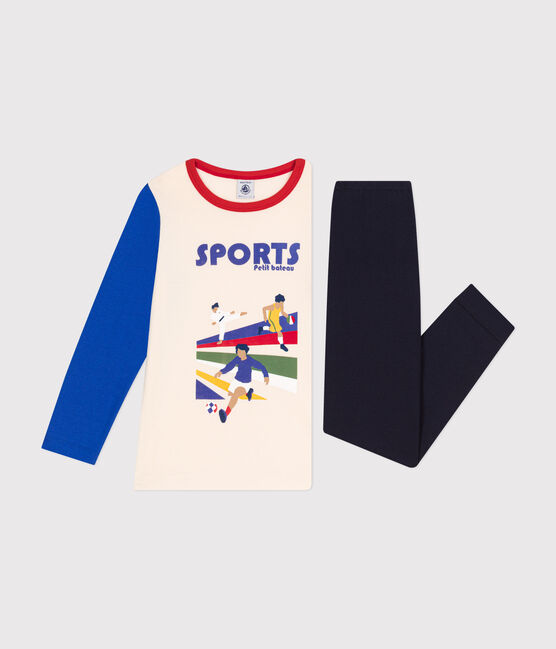 Pijama infantil liso de algodón con motivo deportivo azul SMOKING/blanco MULTICO