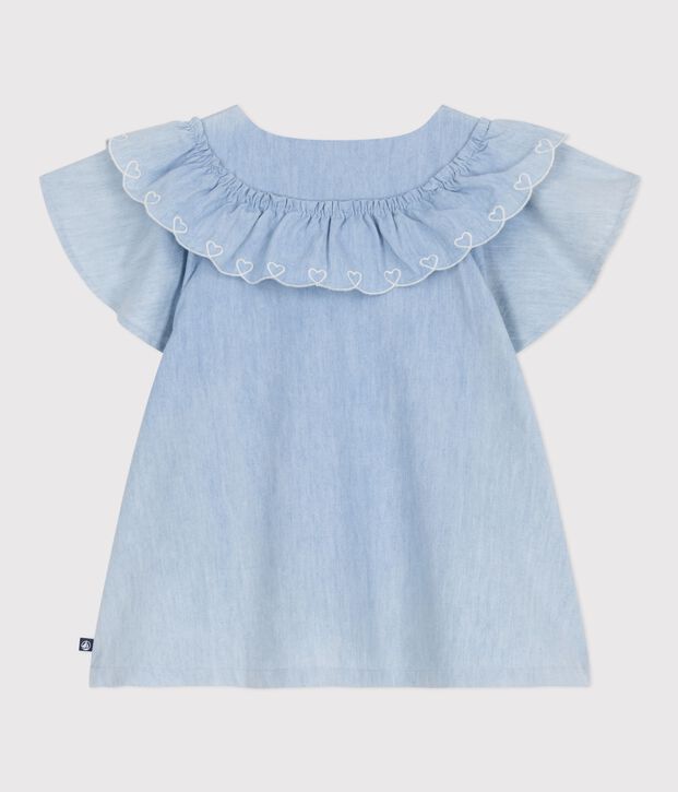 Blusa infantil lisa de manga corta de algod&oacute;n azul