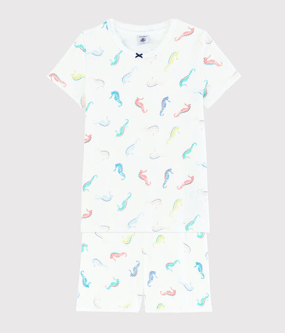 Pijama corto con estampado de caballitos de mar de algodón de niña blanco MARSHMALLOW/blanco MULTICO