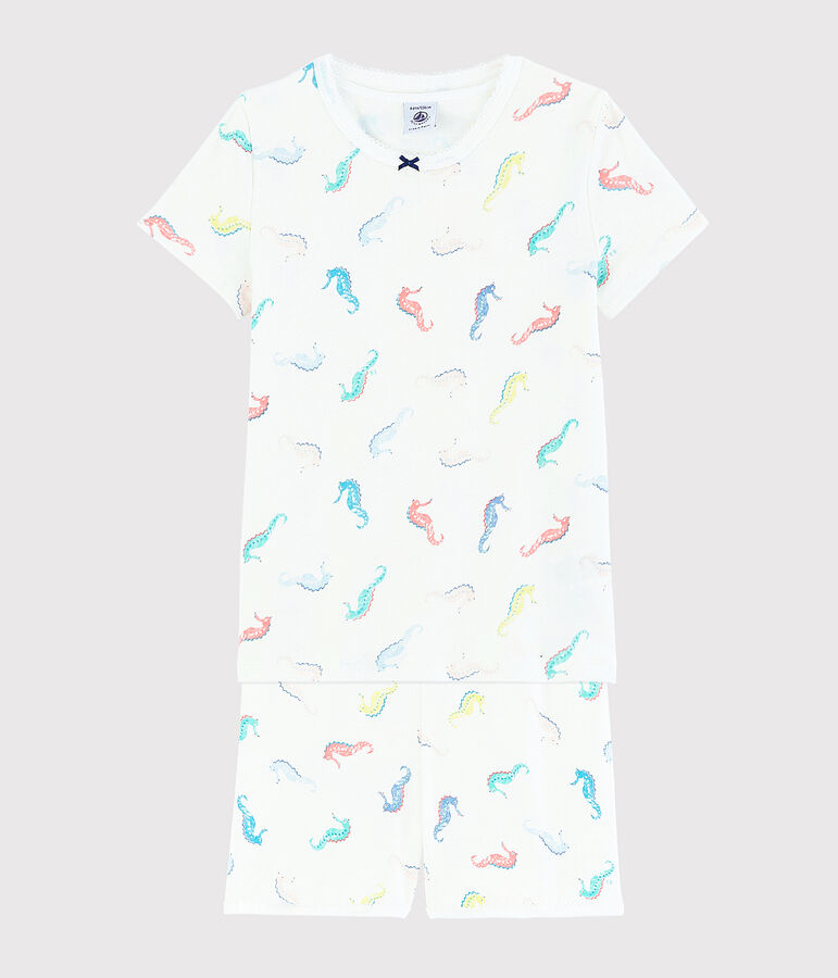 Pijama corto con estampado de caballitos de mar de algod&oacute;n de ni&ntilde;a blanco MARSHMALLOW/blanco MULTICO