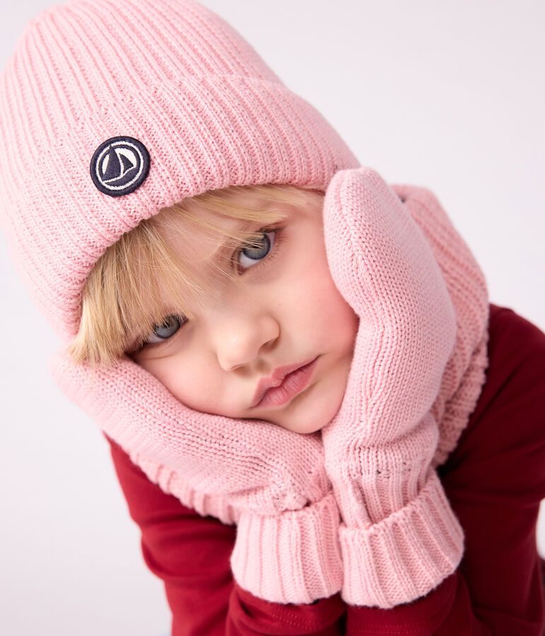 Gorro infantil de punto tricotado con forro polar rosa