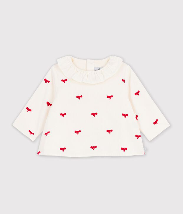 Blusa de terciopelo bordado con estampado de lazos para beb&eacute; crudo/rojo