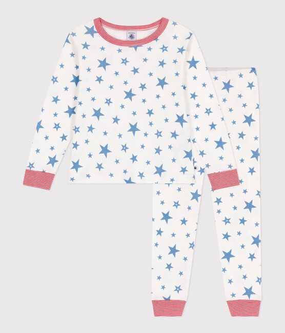 Pijama infantil de algodón con estampado de estrellas blanco MARSHMALLOW/azul ALASKA