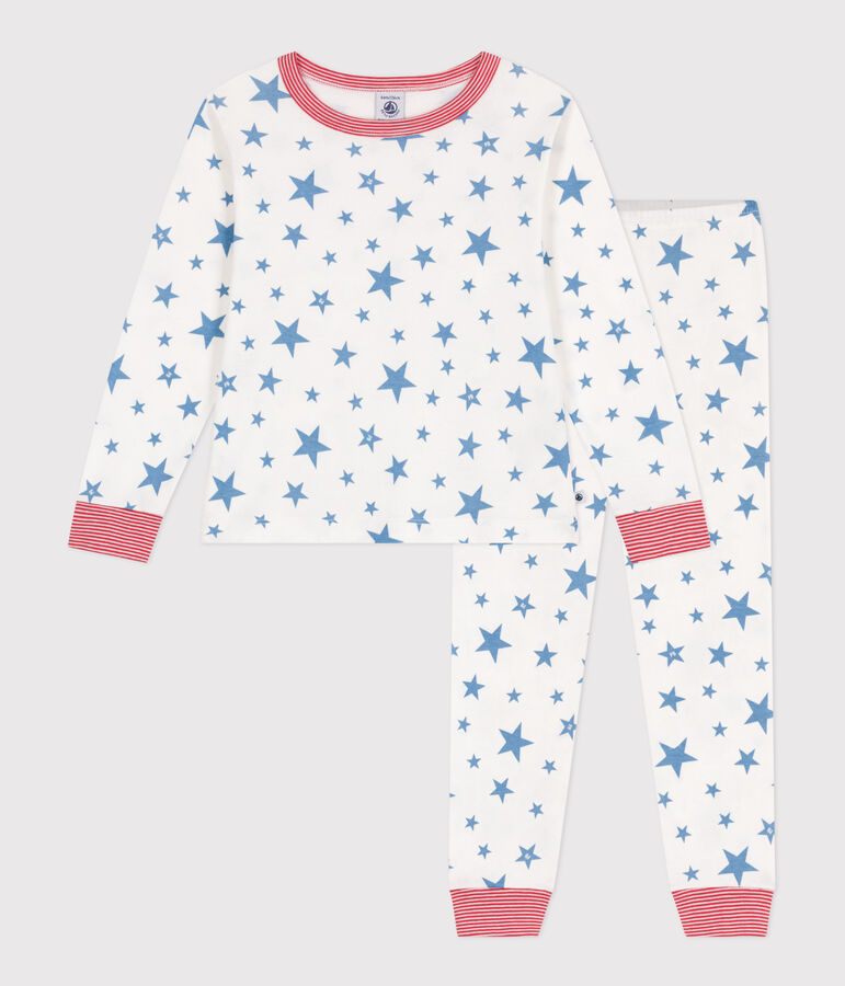 Pijama infantil de algod&oacute;n con estampado de estrellas blanco/azul