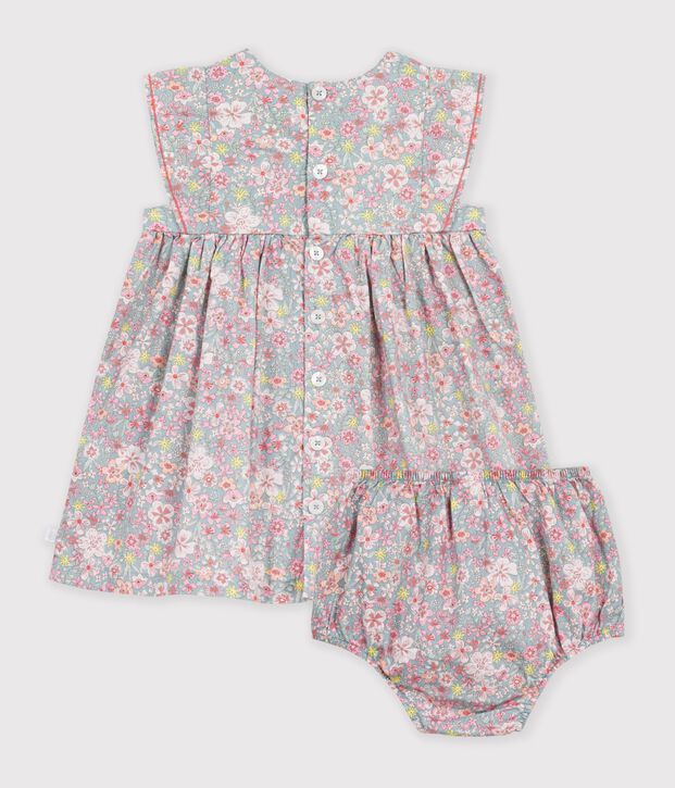 Vestido de algod&oacute;n de manga corta y pololo con estampado de flores para beb&eacute; azul/multicolor