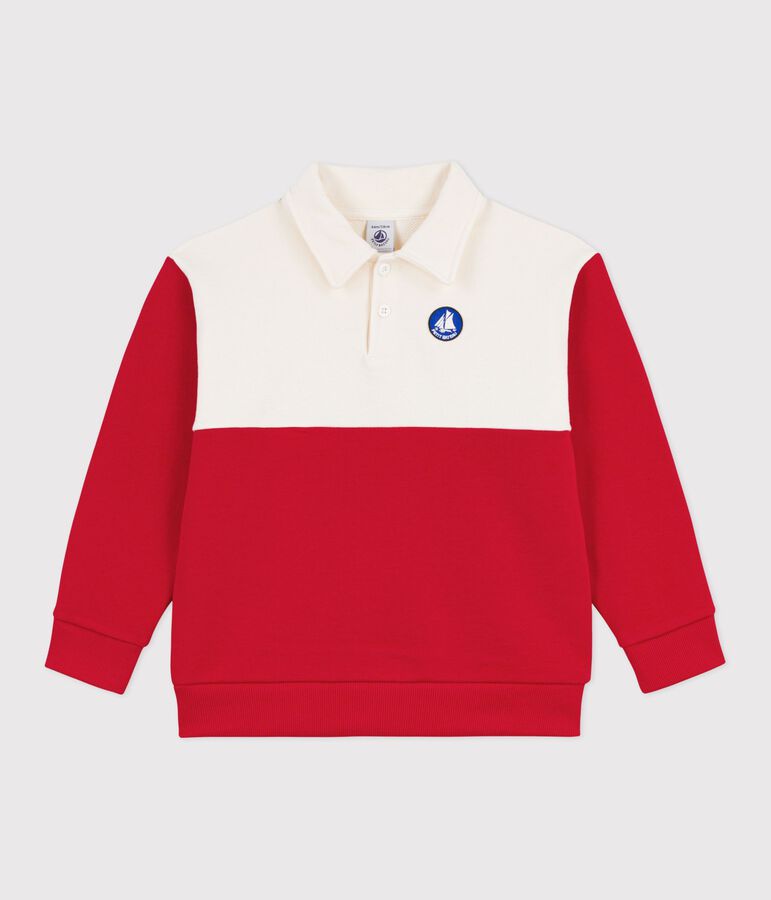 Sudadera infantil tipo polo de algod&oacute;n crudo/rojo