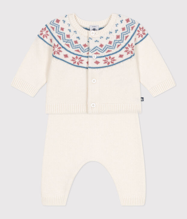 Conjunto de 2 piezas con c&aacute;rdigan de jarcquard tricotado para beb&eacute; blanco/rosa