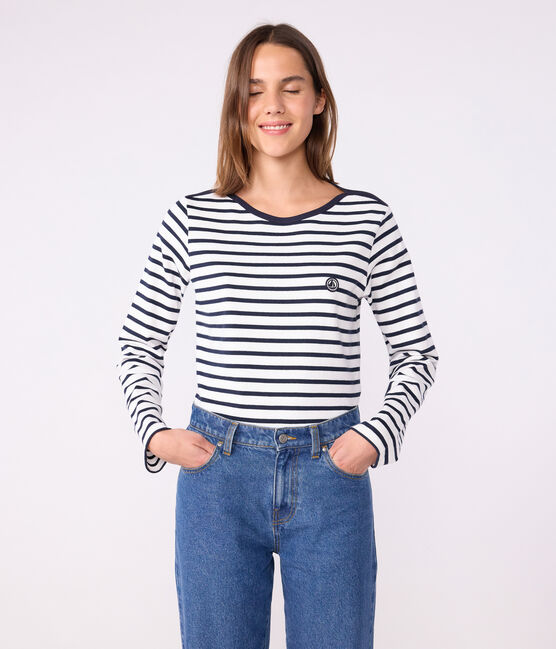 Marinera de algodón de manga larga para mujer blanco MARSHMALLOW/azul SMOKING