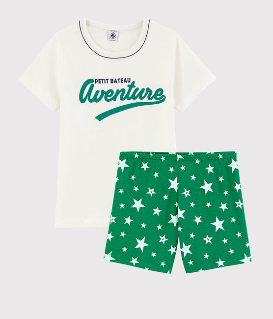 Pijama corto verde con estrellas de algodón de niño blanco MARSHMALLOW/verde GAZON