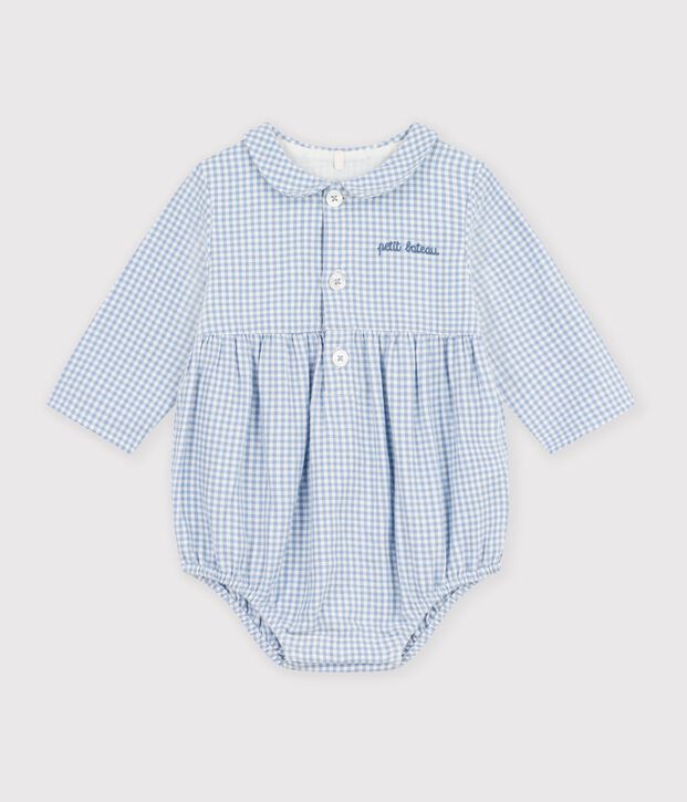 Mono corto de algod&oacute;n con cuello con estampado vichy para beb&eacute; azul/blanco