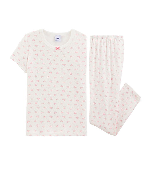 Pijama de flores para ni&ntilde;a de canal&eacute; blanco/rosa