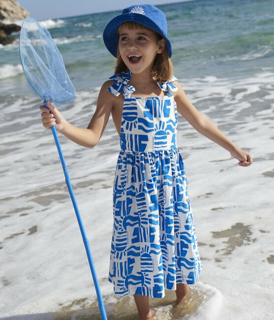 Vestido infantil largo de tirantes de algodón estampado azul MARSHMALLOW/ PORCELANA