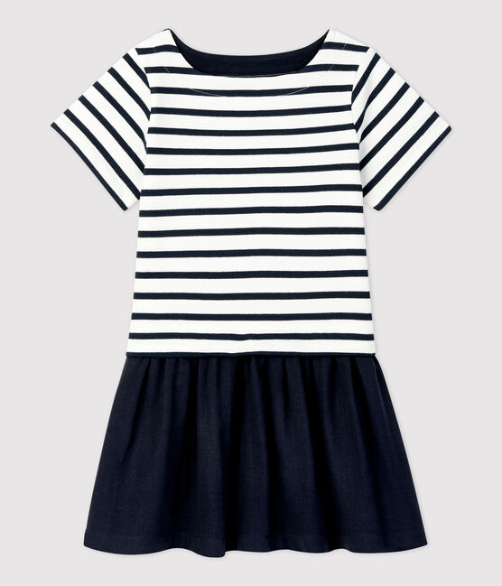 Vestido de jersey y gasa de algodón orgánico de niña blanco MARSHMALLOW/azul SMOKING