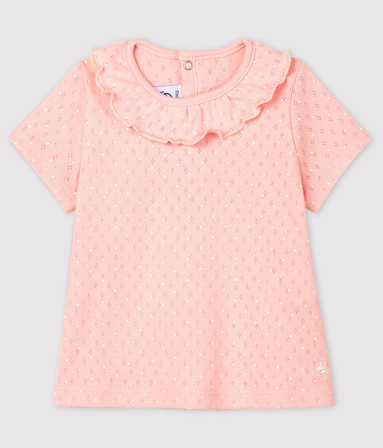 Blusa calada de manga corta de algod&oacute;n de beb&eacute; ni&ntilde;a rosa/blanco