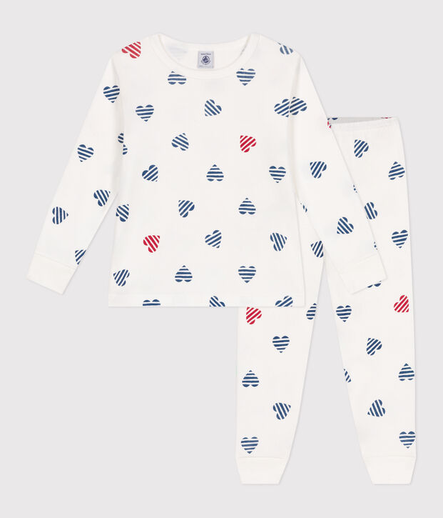 Pijama infantil de manga larga de algod&oacute;n con estampado de corazones blanco/multicolor