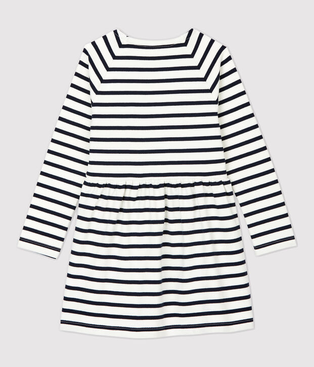 Vestido de manga larga de algod&oacute;n de ni&ntilde;a blanco/azul