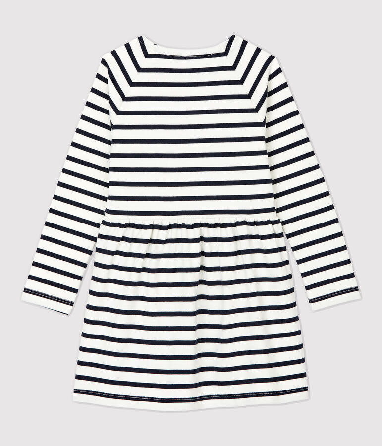Vestido de manga larga de algod&oacute;n de ni&ntilde;a blanco/azul