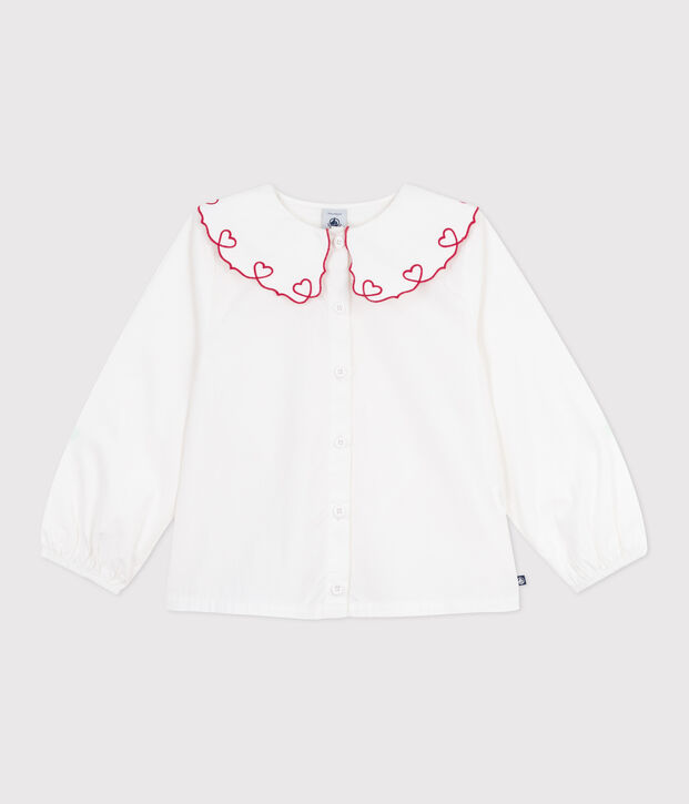 Blusa infantil lisa de manga larga de popelina de algod&oacute;n blanco