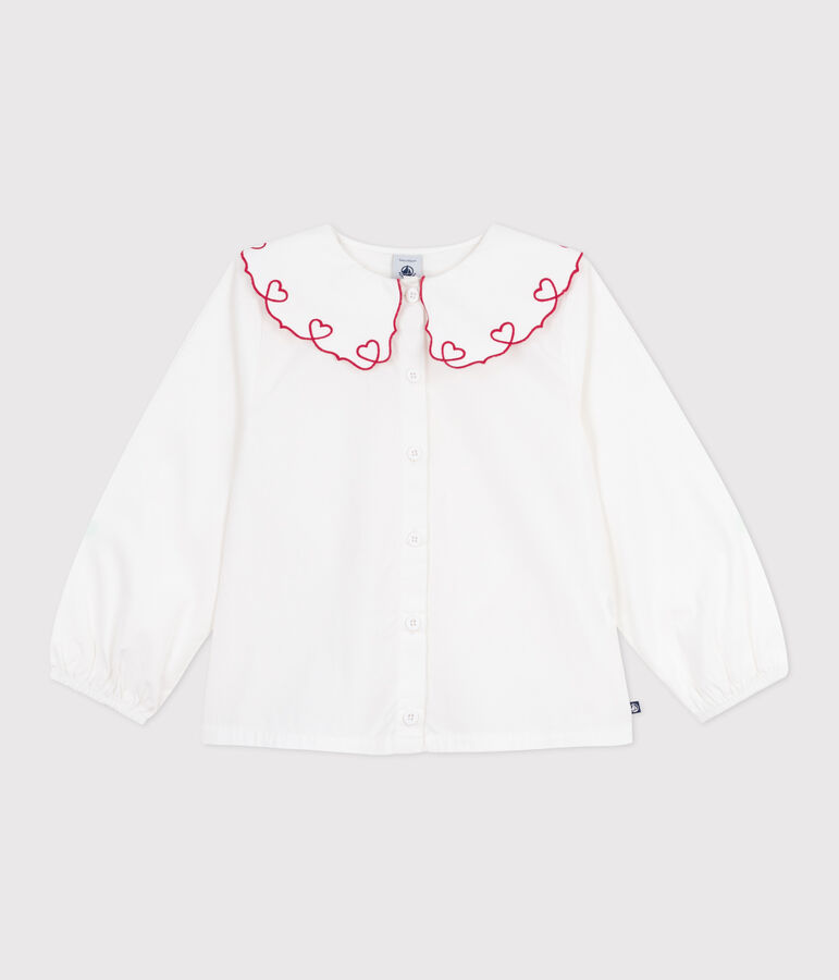 Blusa infantil lisa de manga larga de popelina de algod&oacute;n blanco