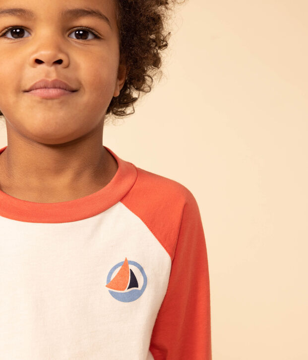 Camiseta de algod&oacute;n de manga larga de ni&ntilde;o crudo/naranja