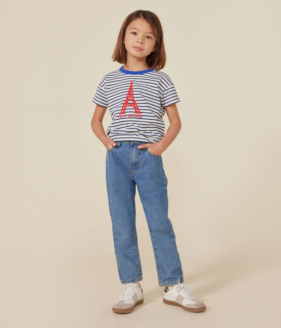 Camiseta infantil de punto de manga corta blanco MARSHMALLOW/azul MEDIEVAL
