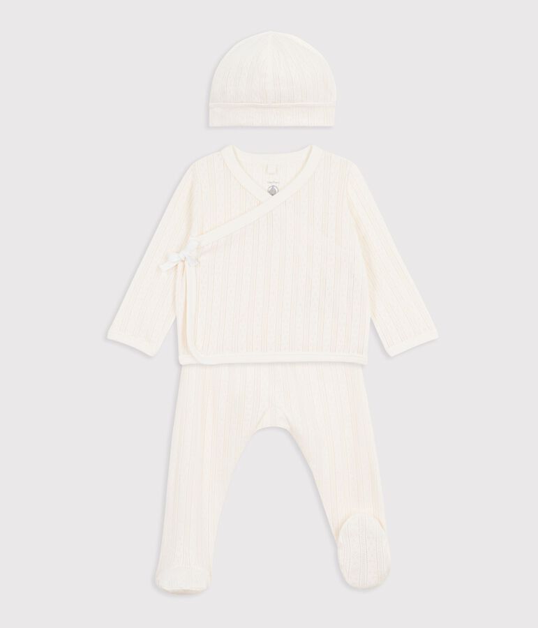 Conjunto largo de 3 piezas de algod&oacute;n calado con gorro para beb&eacute; crudo