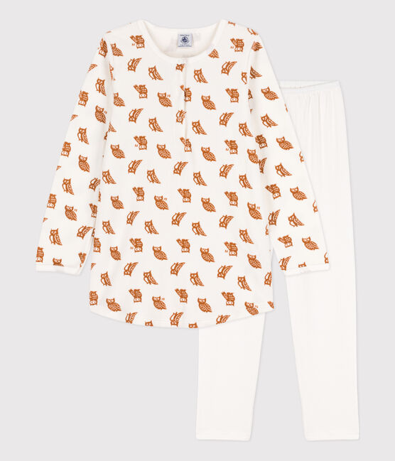 Camisón y leggings de terciopelo y algodón con búhos para niña blanco MARSHMALLOW/ ECUREUIL