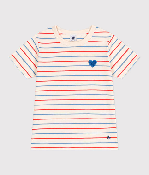 Camiseta infantil de manga corta de algod&oacute;n con rayas y coraz&oacute;n crudo/multicolor
