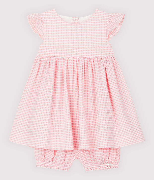Vestido y pantaloncito bloomer de beb&eacute; ni&ntilde;a rosa/blanco