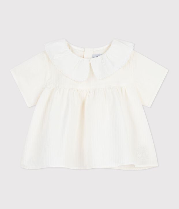 Blusa lisa de manga corta de popelina de algod&oacute;n para beb&eacute; blanco