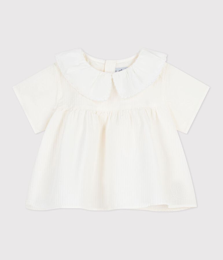 Blusa lisa de manga corta de popelina de algod&oacute;n para beb&eacute; blanco MARSHMALLOW