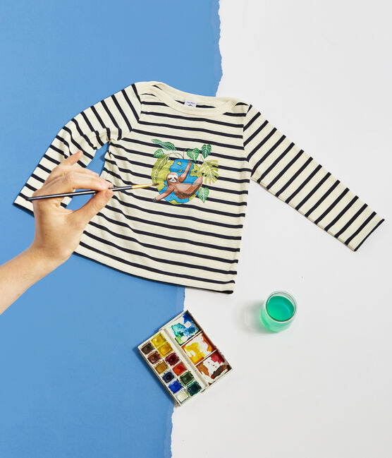 Camiseta marinera infantil unisex beige COQUILLE/azul SMOKING
