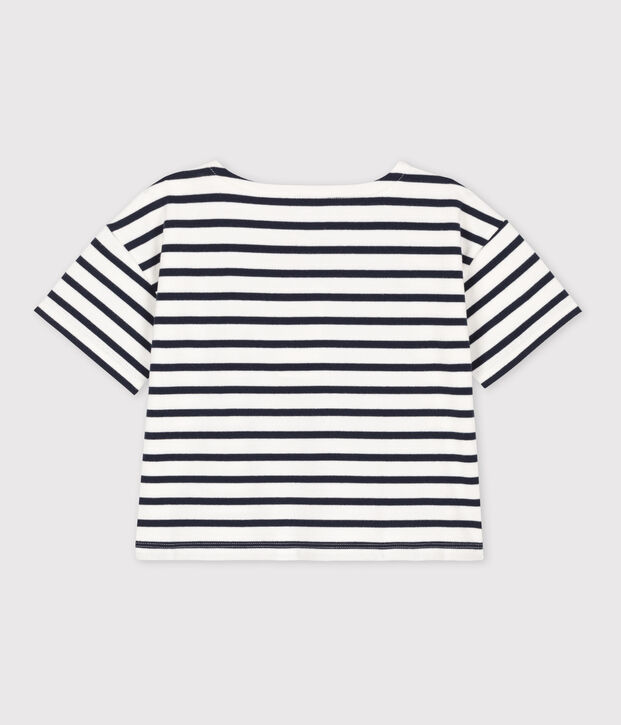 Camiseta de manga corta de algod&oacute;n a rayas para ni&ntilde;a blanco/azul