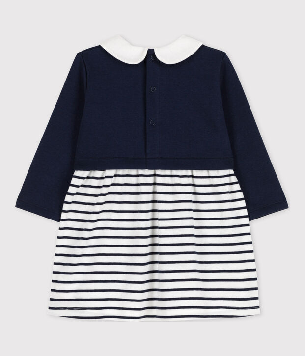 Vestido bimaterial de manga larga de beb&eacute; azul/blanco