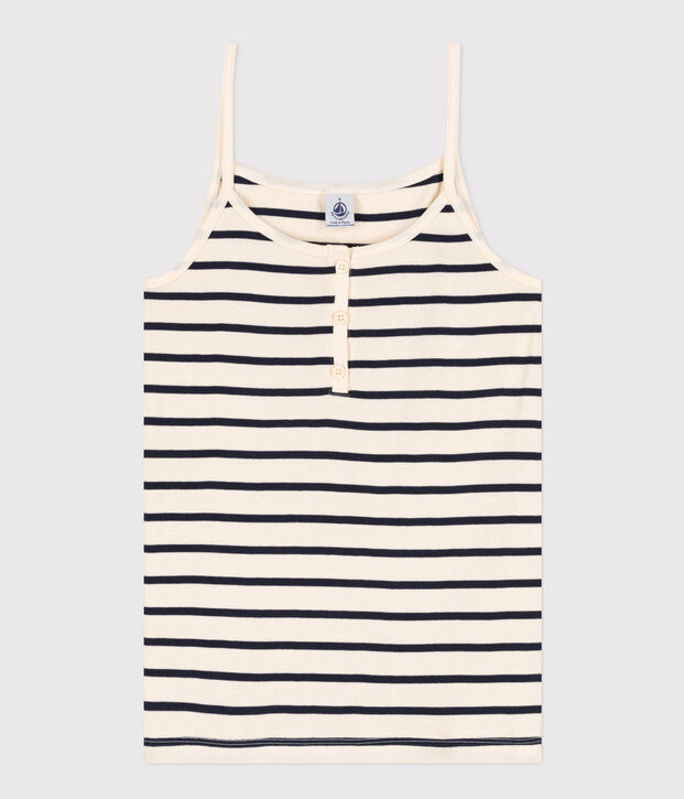 Camiseta de tirantes de algod&oacute;n para mujer crudo/azul