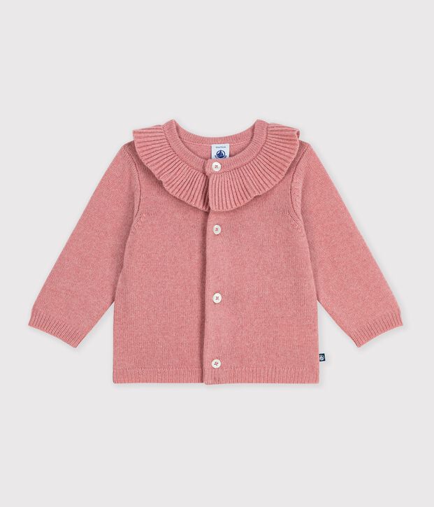 C&aacute;rdigan liso con cuello de punto tricotado de lana y algod&oacute;n para beb&eacute; rosa