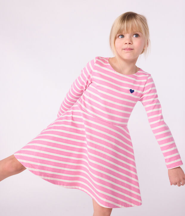 Vestido infantil de manga larga de algod&oacute;n rosa/crudo